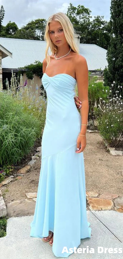 Elegant Light Blue Strapless Mermaid Long Prom Dress, Evening Dress