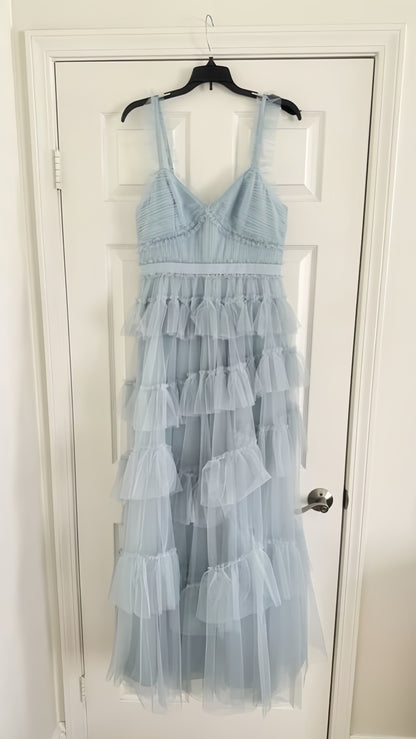 Elegant Light Blue Tulle Ruffle Long Prom Dresses Birthday Party Dress,AST2086