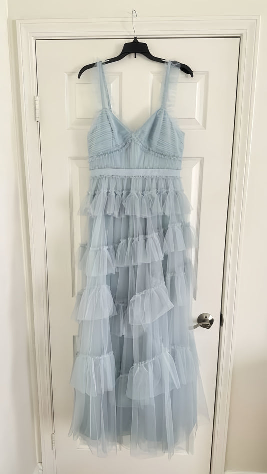 Elegant Light Blue Tulle Ruffle Long Prom Dresses Birthday Party Dress,AST2086