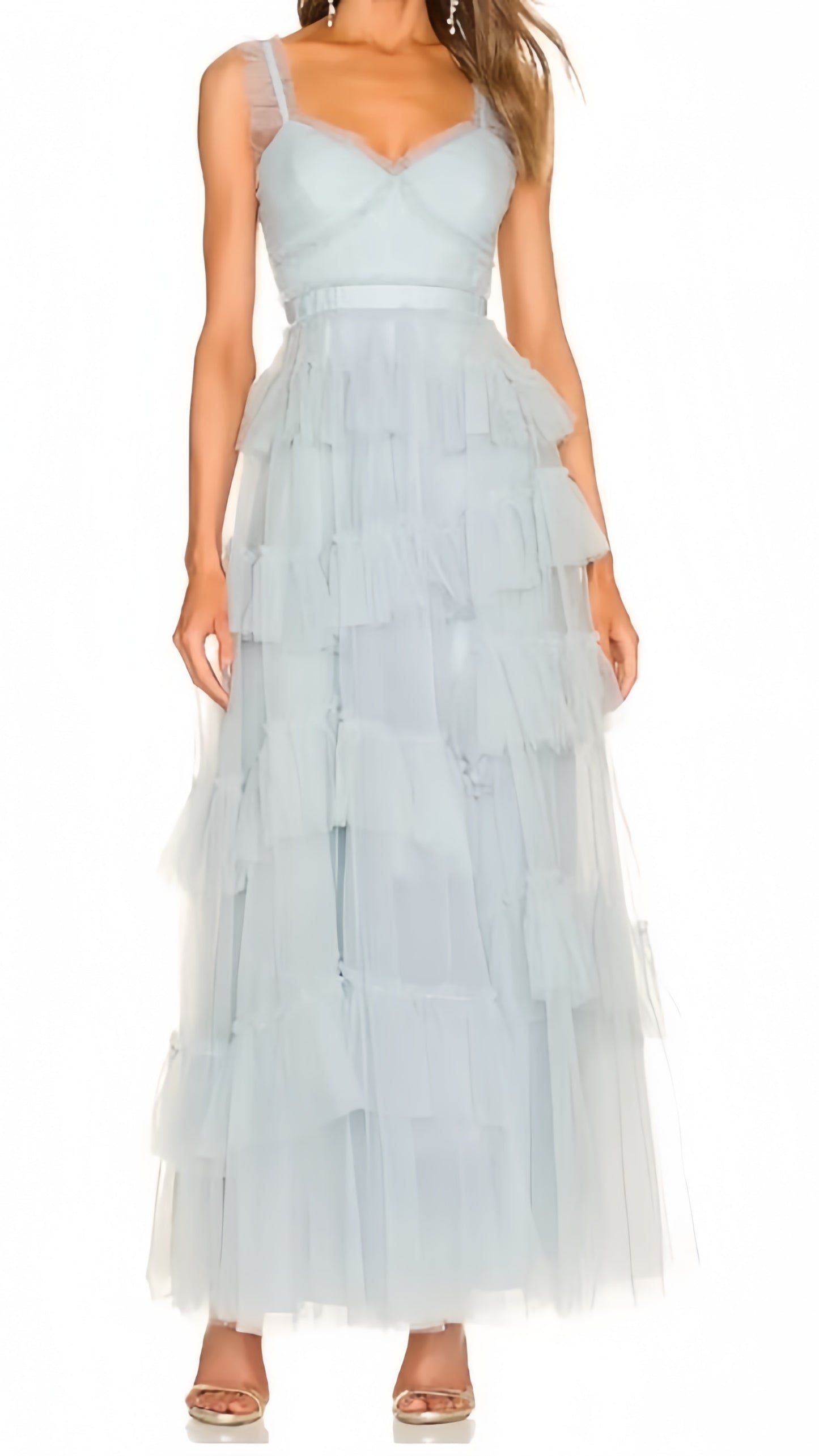 Elegant Light Blue Tulle Ruffle Long Prom Dresses Birthday Party Dress,AST2086