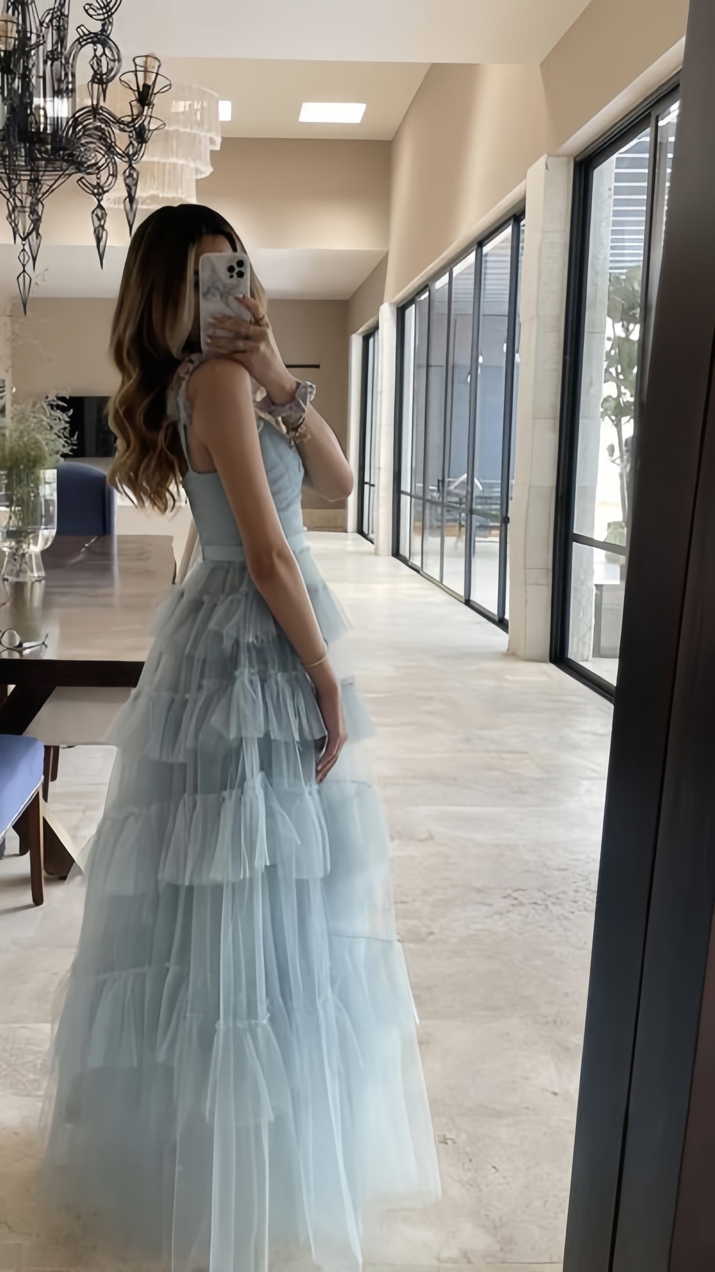 Elegant Light Blue Tulle Ruffle Long Prom Dresses Birthday Party Dress,AST2086