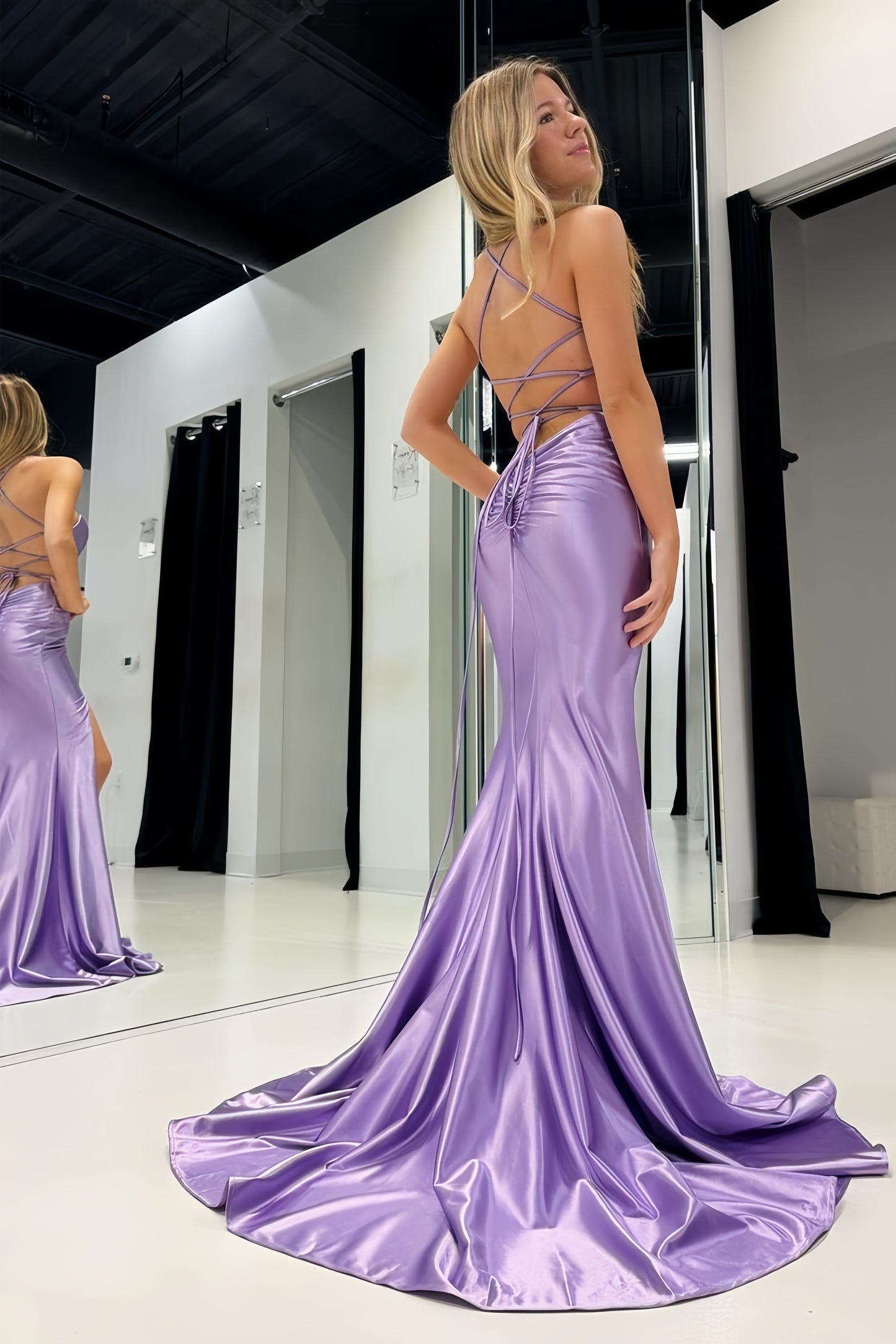 Elegant Lilac Purple Mermaid Prom Dresses Satin Evening Party Dress,AST2149