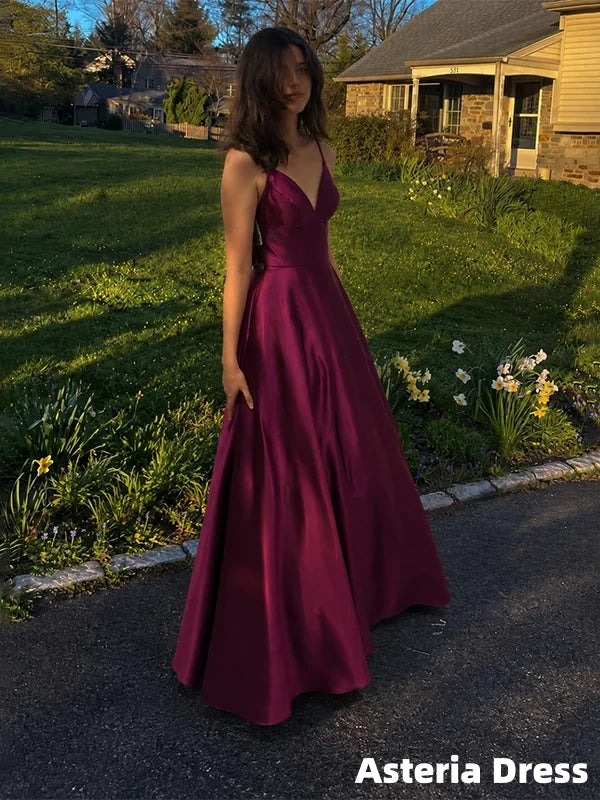 Elegant Mulberry Purple V-neck A-line Prom Dress, Evening Dress