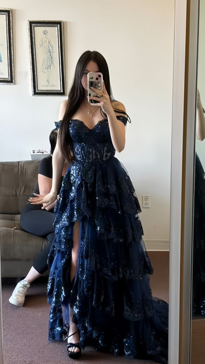 Elegant Navy Blue Lace Prom Dresses Ruffle Evening Dress With Slit,AST2099