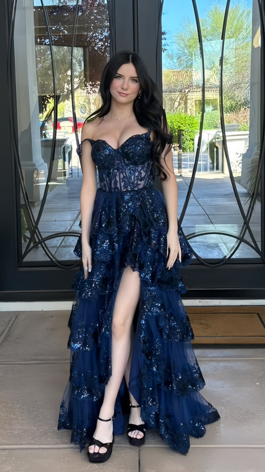Elegant Navy Blue Lace Prom Dresses Ruffle Evening Dress With Slit,AST2099