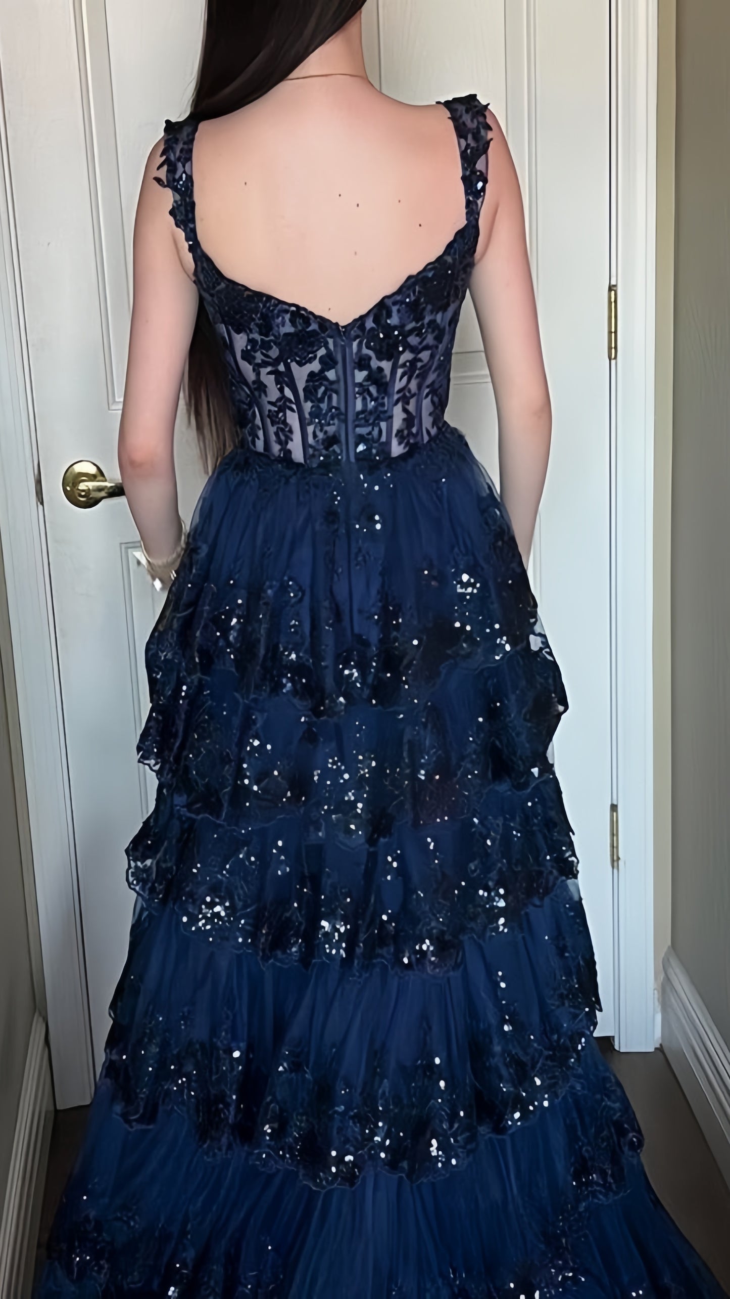 Elegant Navy Blue Lace Prom Dresses Ruffle Evening Dress With Slit,AST2099