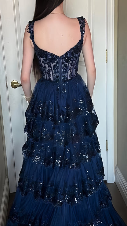 Elegant Navy Blue Lace Prom Dresses Ruffle Evening Dress With Slit,AST2099