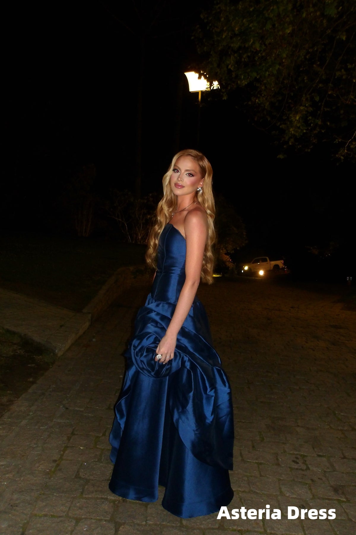 Elegant Navy Blue Strapless Floral Evening Prom Dresses