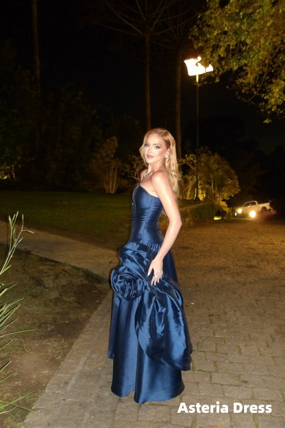Elegant Navy Blue Strapless Floral Evening Prom Dresses