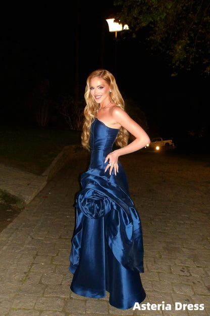 Elegant Navy Blue Strapless Floral Evening Prom Dresses