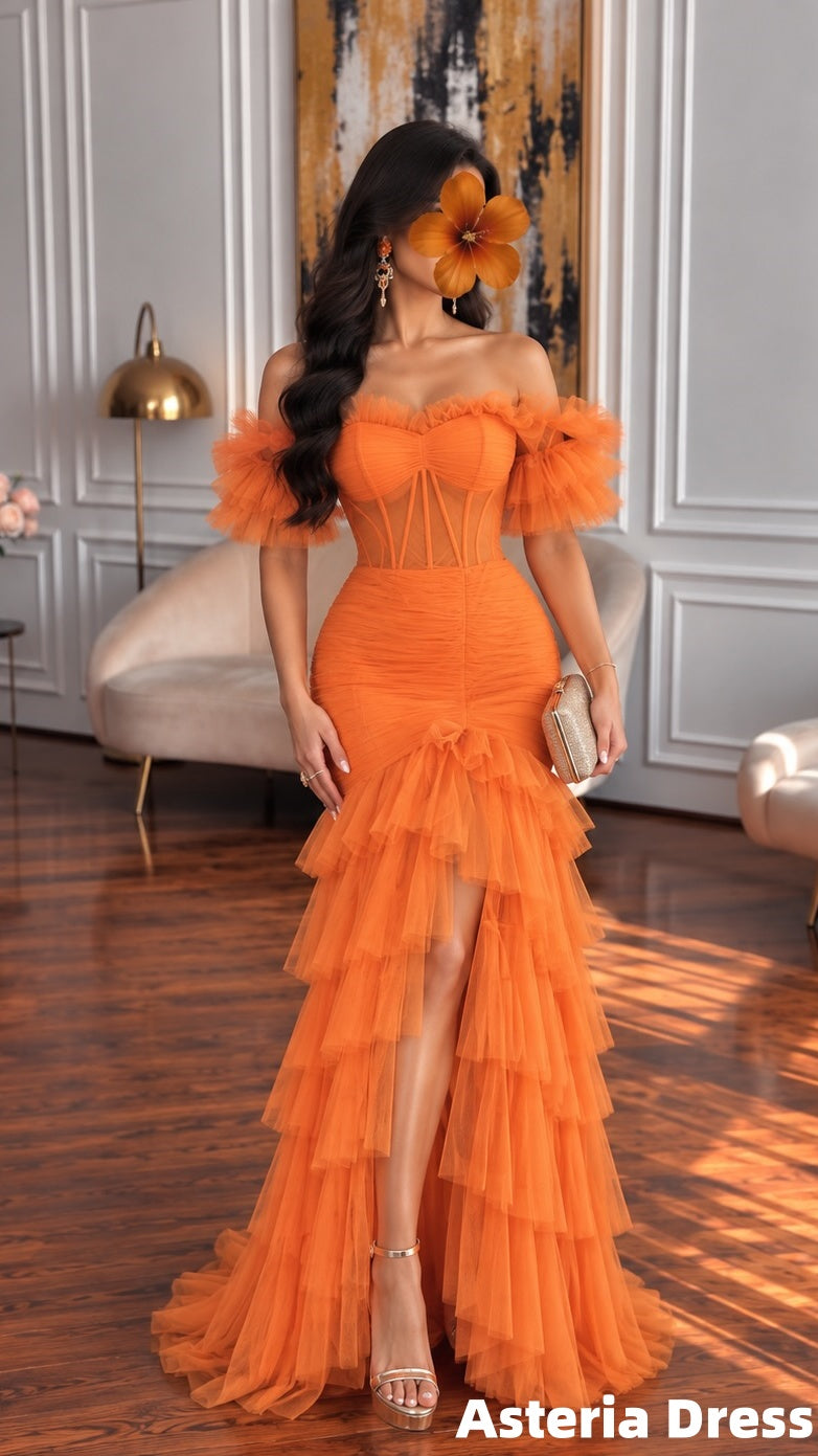 Elegant Orange Off The Shoulder Mermaid Tulle Prom Dresses