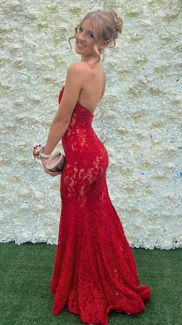 Elegant Red/Black Lace Mermaid Prom Dresses Senior Graduation Dress,AST2185