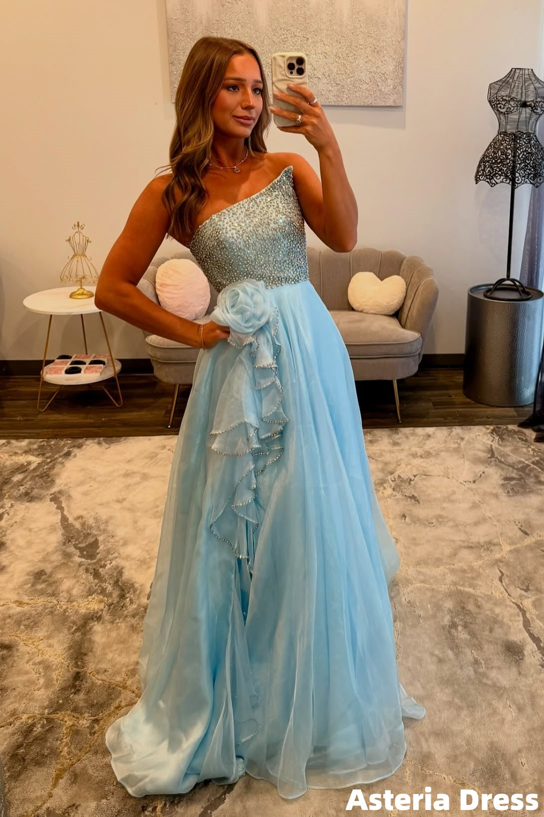 Elegant Sky Blue Beaded Organza Long Prom Dresses