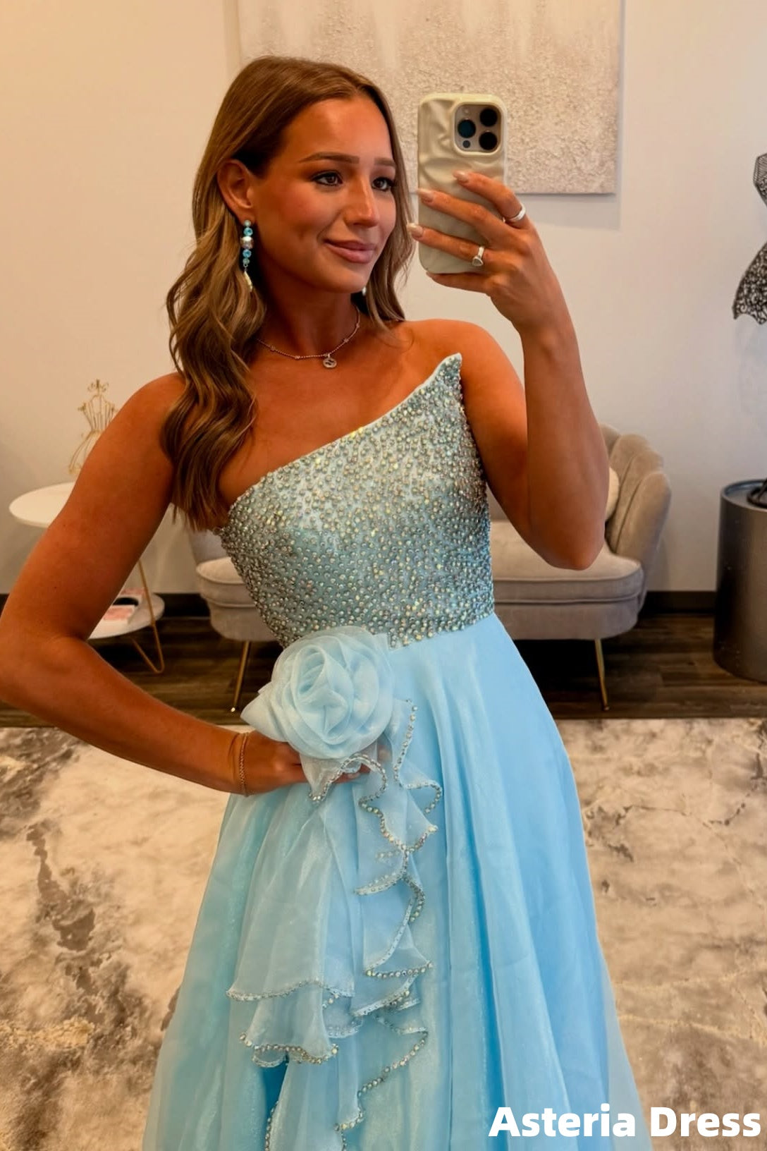 Elegant Sky Blue Beaded Organza Long Prom Dresses