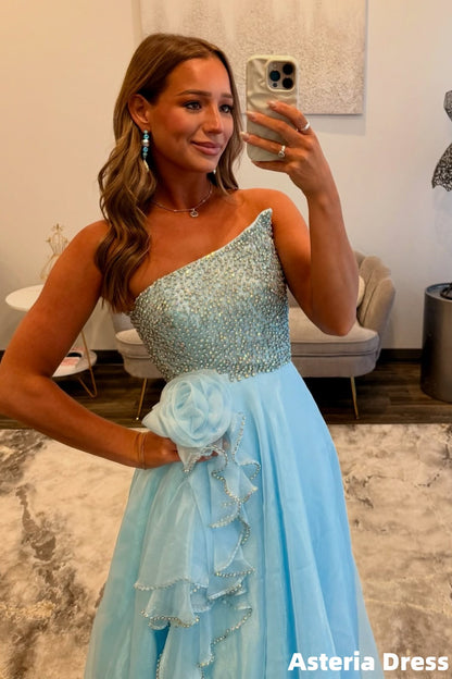 Elegant Sky Blue Beaded Organza Long Prom Dresses