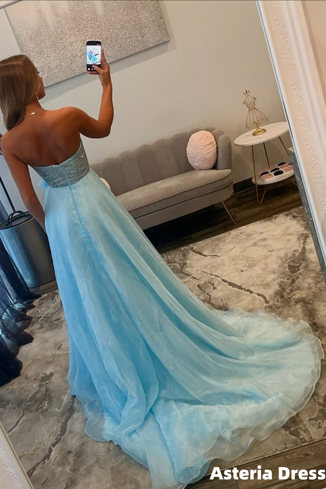 Elegant Sky Blue Beaded Organza Long Prom Dresses