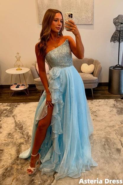 Elegant Sky Blue Beaded Organza Long Prom Dresses