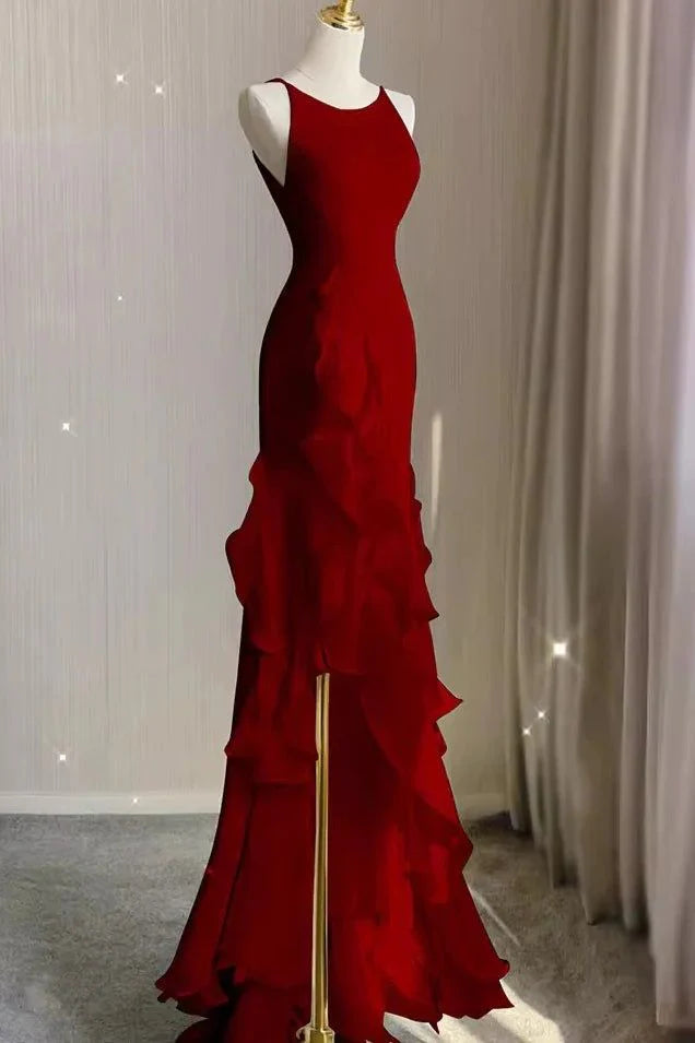 Elegant White Sheath Prom Dresses V-back Ruffle Evening Party Dress,AST2268