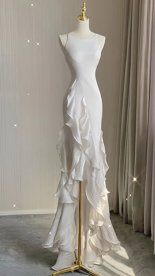 Elegant White Sheath Prom Dresses V-back Ruffle Evening Party Dress,AST2268