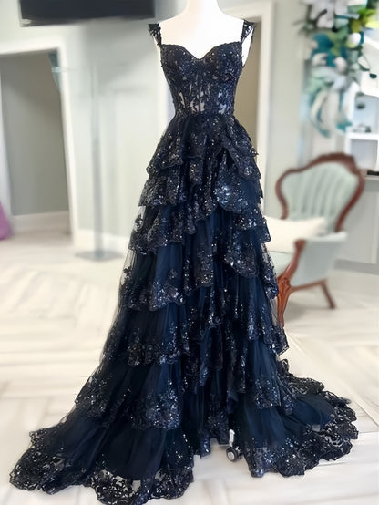 Elegant Navy Blue Lace Prom Dresses Ruffle Evening Dress With Slit,AST2099
