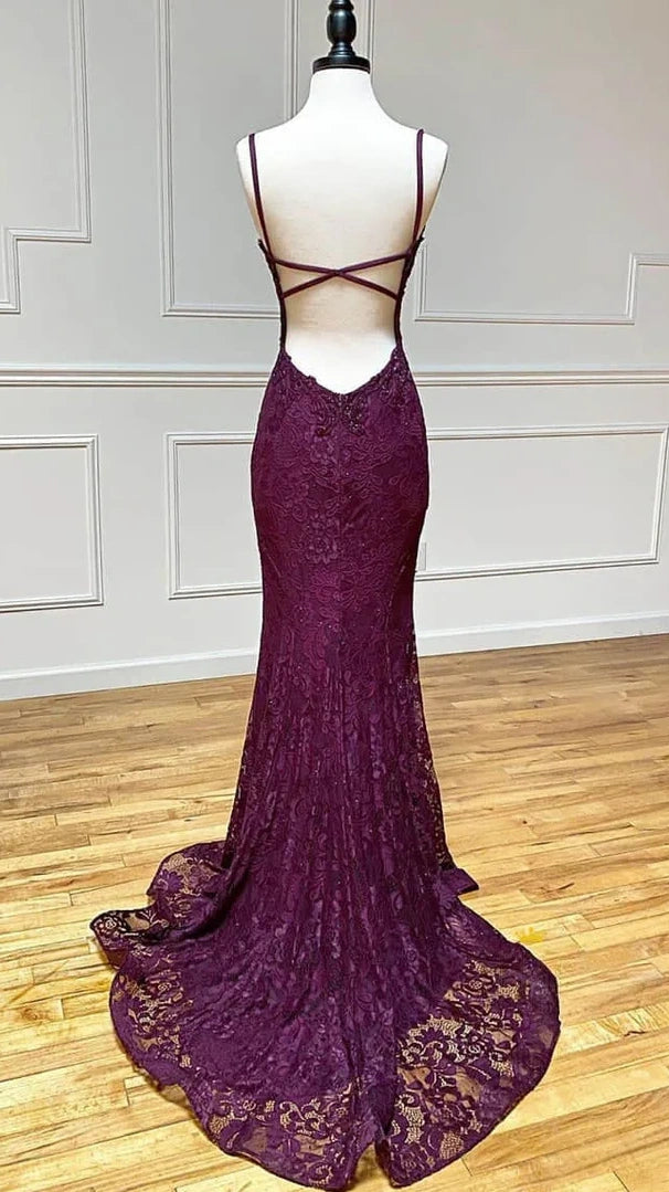 Elegant Purple/Burgundy Lace Mermaid Prom Dresses V-Neck Evening Party Dress,AST2194