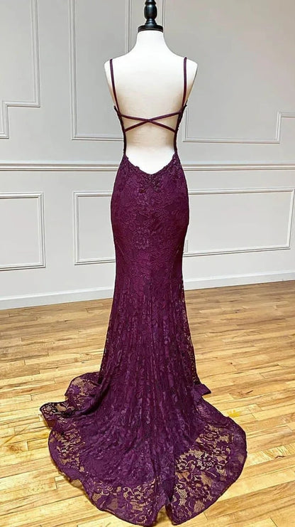 Elegant Purple/Burgundy Lace Mermaid Prom Dresses V-Neck Evening Party Dress,AST2194