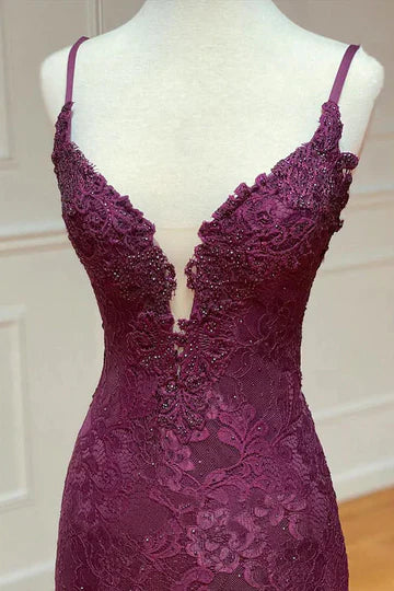 Elegant Purple/Burgundy Lace Mermaid Prom Dresses V-Neck Evening Party Dress,AST2194