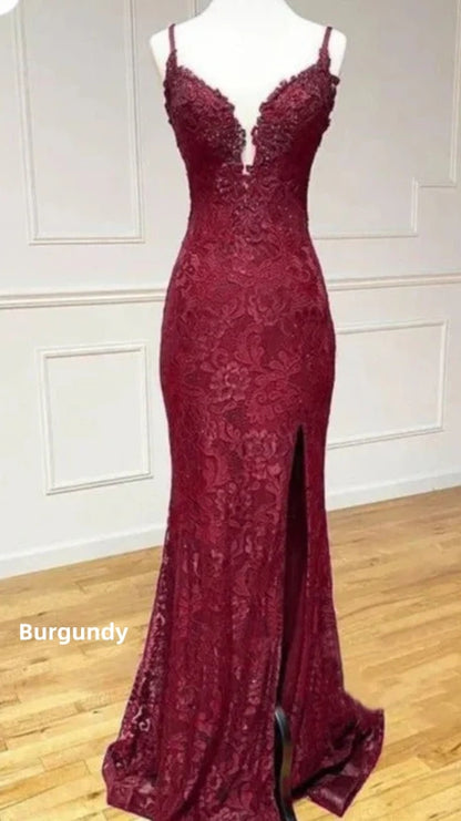 Elegant Purple/Burgundy Lace Mermaid Prom Dresses V-Neck Evening Party Dress,AST2194