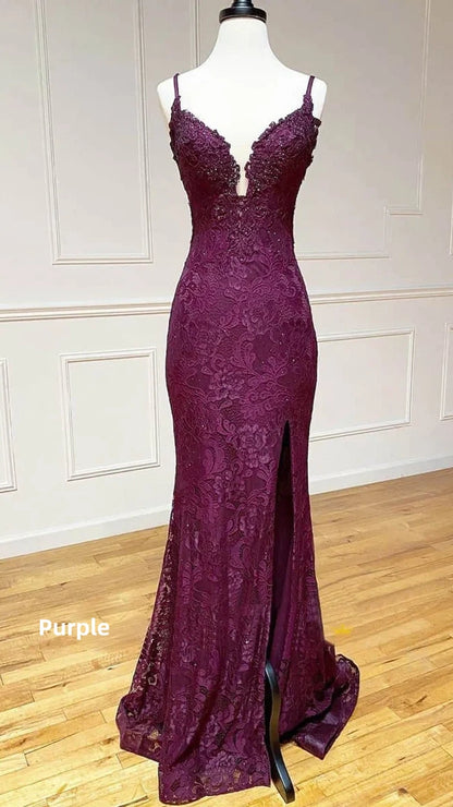 Elegant Purple/Burgundy Lace Mermaid Prom Dresses V-Neck Evening Party Dress,AST2194