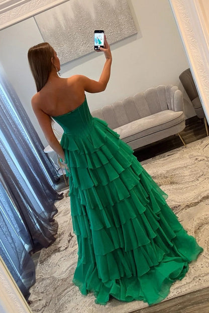 Emerald Green Sweetheart Corset Prom Dress with Tiered Ruffles and High Slit