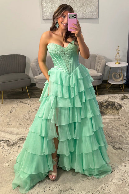 Emerald Green Sweetheart Corset Prom Dress with Tiered Ruffles and High Slit