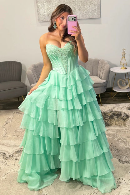 Emerald Green Sweetheart Corset Prom Dress with Tiered Ruffles and High Slit