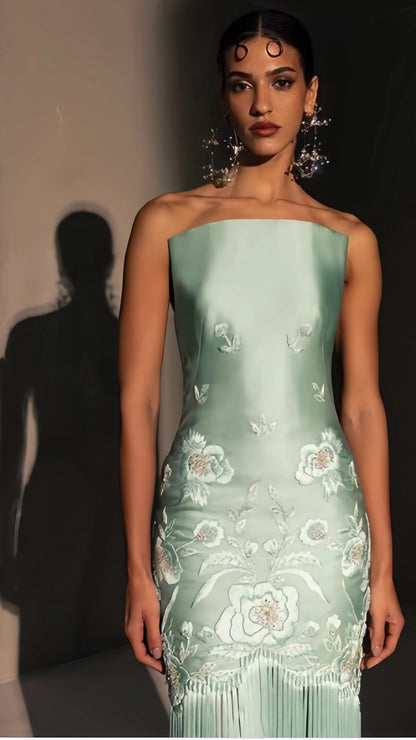 Exquisite Sage Green Embroidery Sheath Prom Dress Tassel Skirt,AST2221