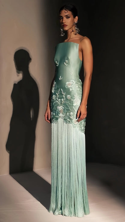 Exquisite Sage Green Embroidery Sheath Prom Dress Tassel Skirt,AST2221