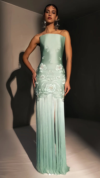 Exquisite Sage Green Embroidery Sheath Prom Dress Tassel Skirt,AST2221