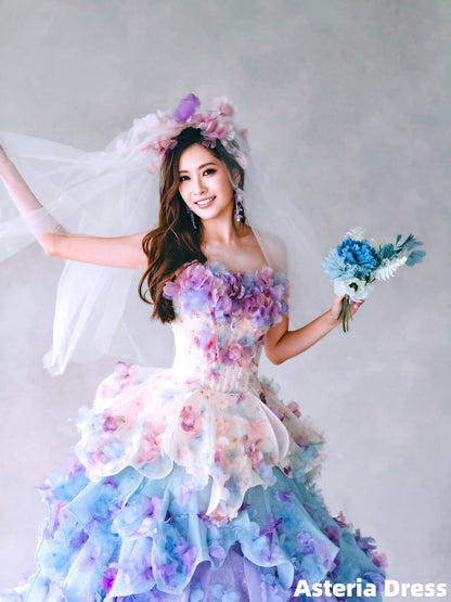 Fairytale 3D Floral Ruffles Ball Gown Strapless Wedding Party Dresses