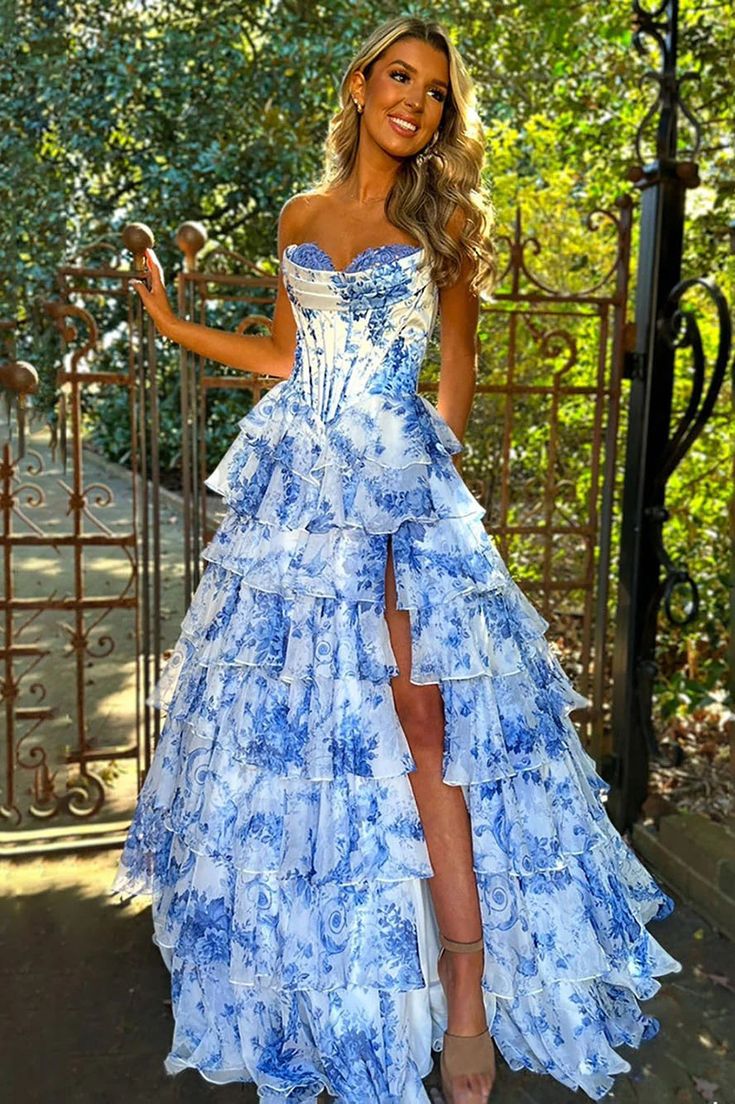 Floral Prom Dresses A-Line Ruffle Evening Party Dress With Slit,AST2199
