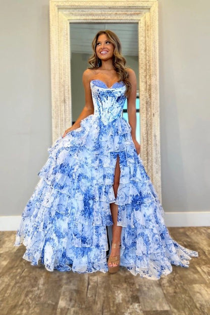 Floral Prom Dresses A-Line Ruffle Evening Party Dress With Slit,AST2199