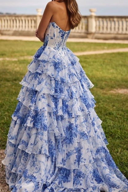 Floral Prom Dresses A-Line Ruffle Evening Party Dress With Slit,AST2199