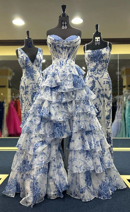 Floral Prom Dresses A-Line Ruffle Evening Party Dress With Slit,AST2199