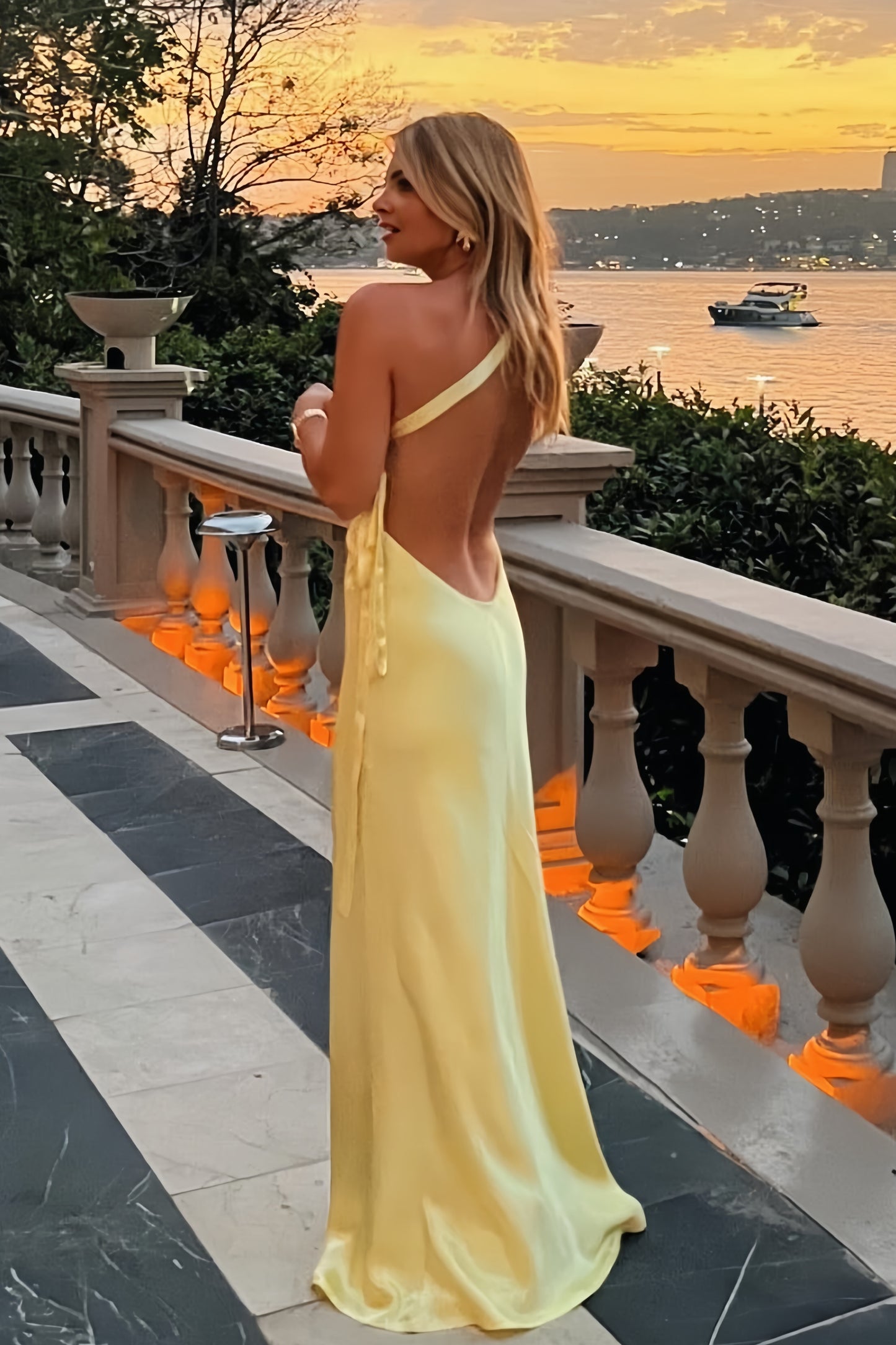 Free Style Pastel Yellow Silk Satin Long Party Dress, Sheath Backless Prom Dresses, AST1489