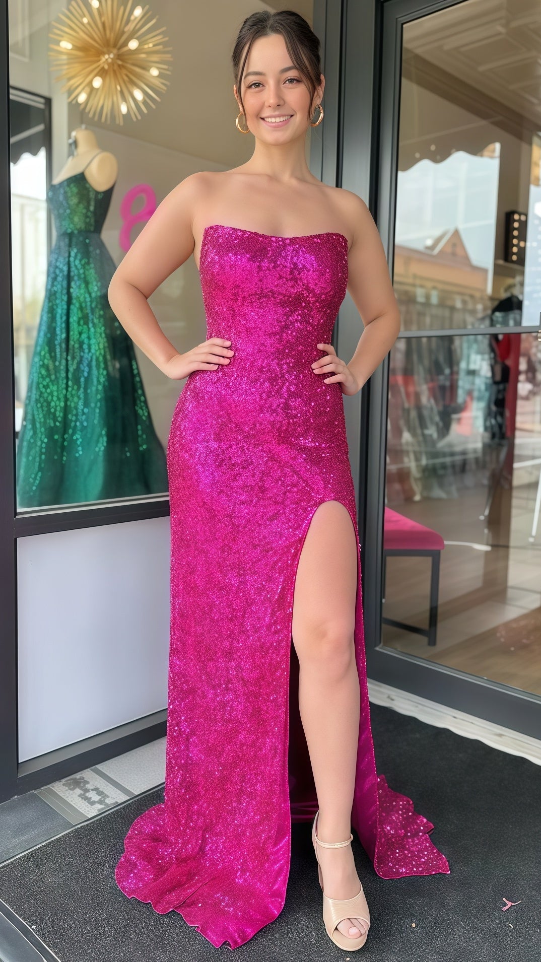 Fuchsia Hot Pink Sequined Prom Dress With High Slit,AST1664