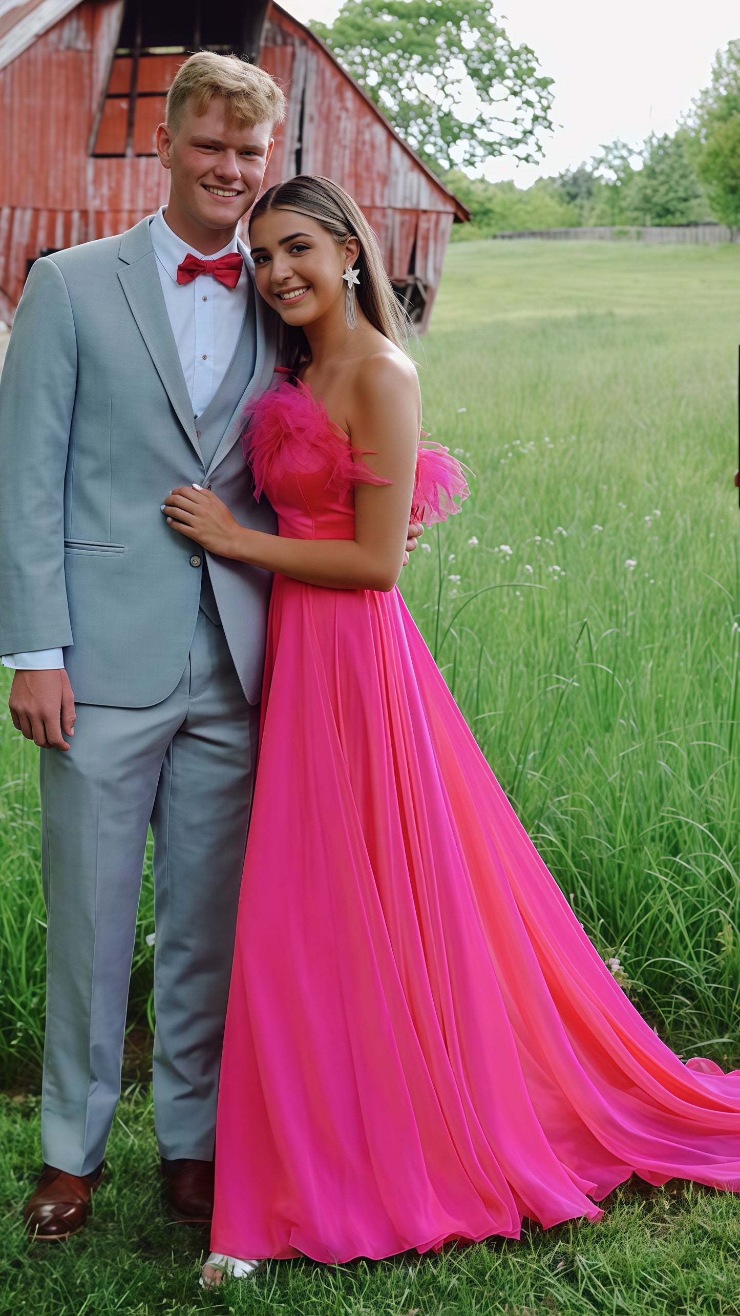 Fuchsia Strapless A-line Tulle Prom Dress, Feather Senior Party Dress,AST1661