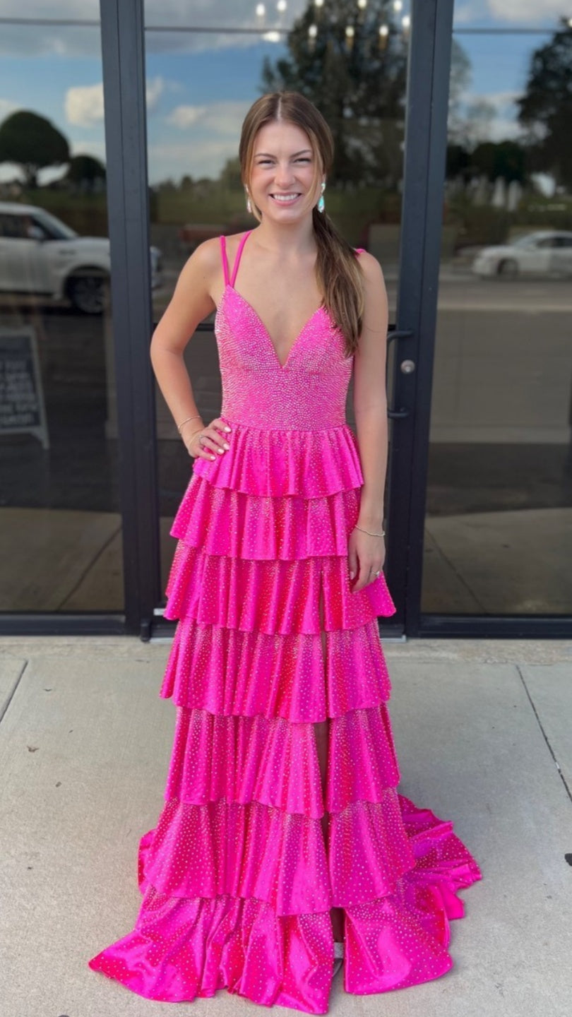 Fuchsia V-Neck Ruffle Long Party Dress Sequin Senior Prom Dress, AST15 ...