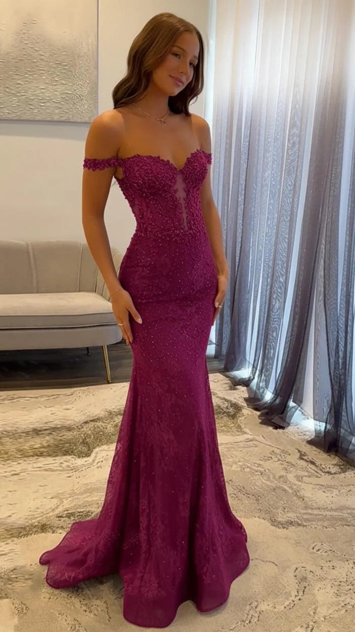 Off The Shoulder Mermaid Prom Dresses Lace Appliques Evening Party Dress,AST2290