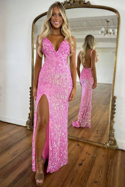 Luxury Black Beaded Mermaid Prom Gown with Plunging Neckline & Slit