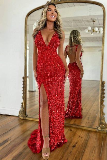 Fully Beaded Prom Dress with Deep V Neck Slit and Open Back