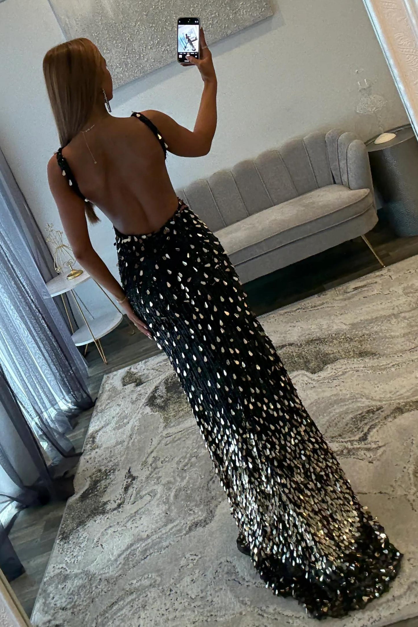Fully Beaded Prom Dress with Deep V Neck Slit and Open Back