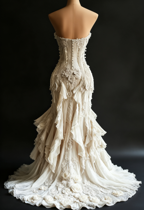 Vintage Mermaid Strapless Ivory Chiffon Tulle Long Prom Dress,Wedding Dress,Evening Dress