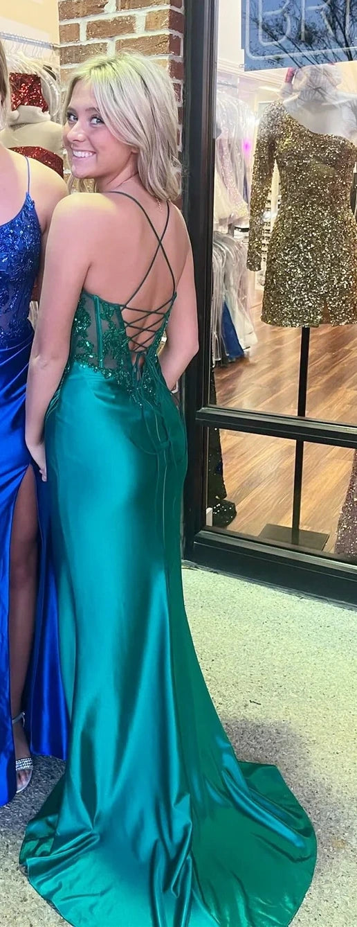 Royal Blue/Dark Green Mermaid Appliques Beaded Prom Dresses Sexy Slit Evening Party Dress,AST2217